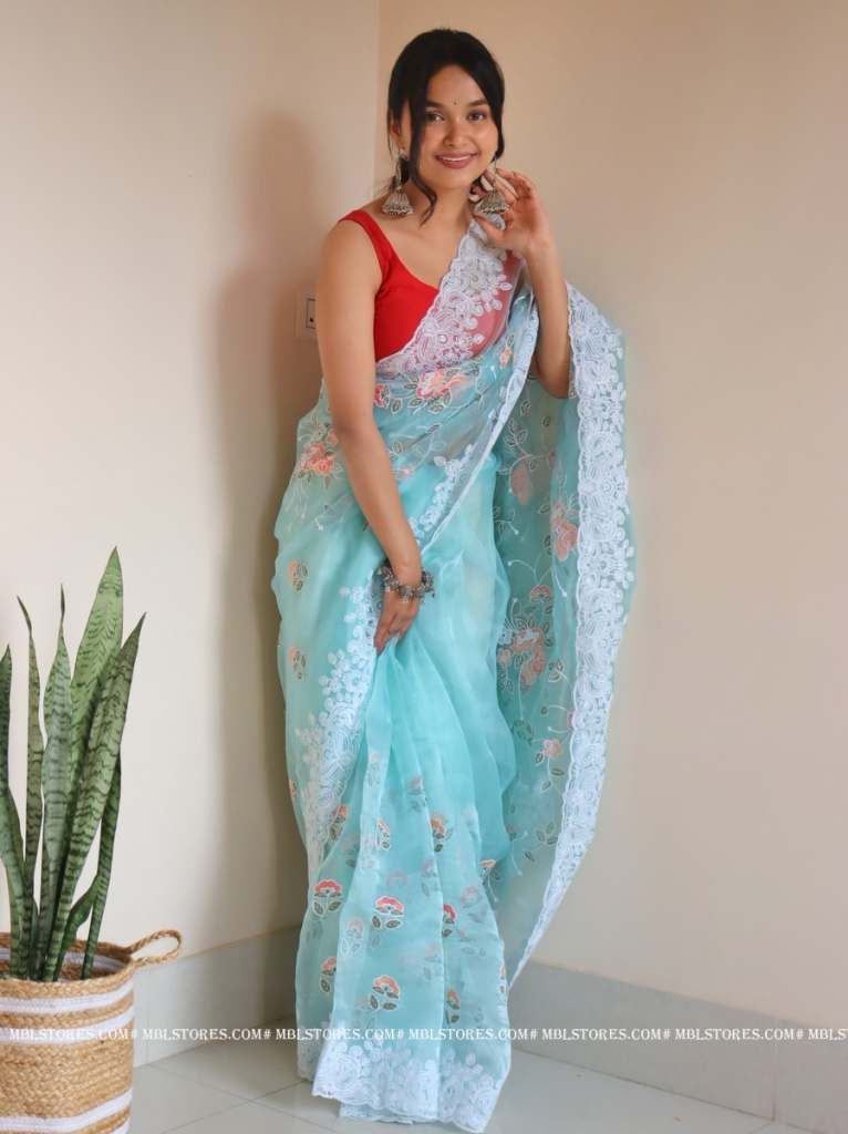 Mint Green color Pure Organza Saree with Jacquard Blouse