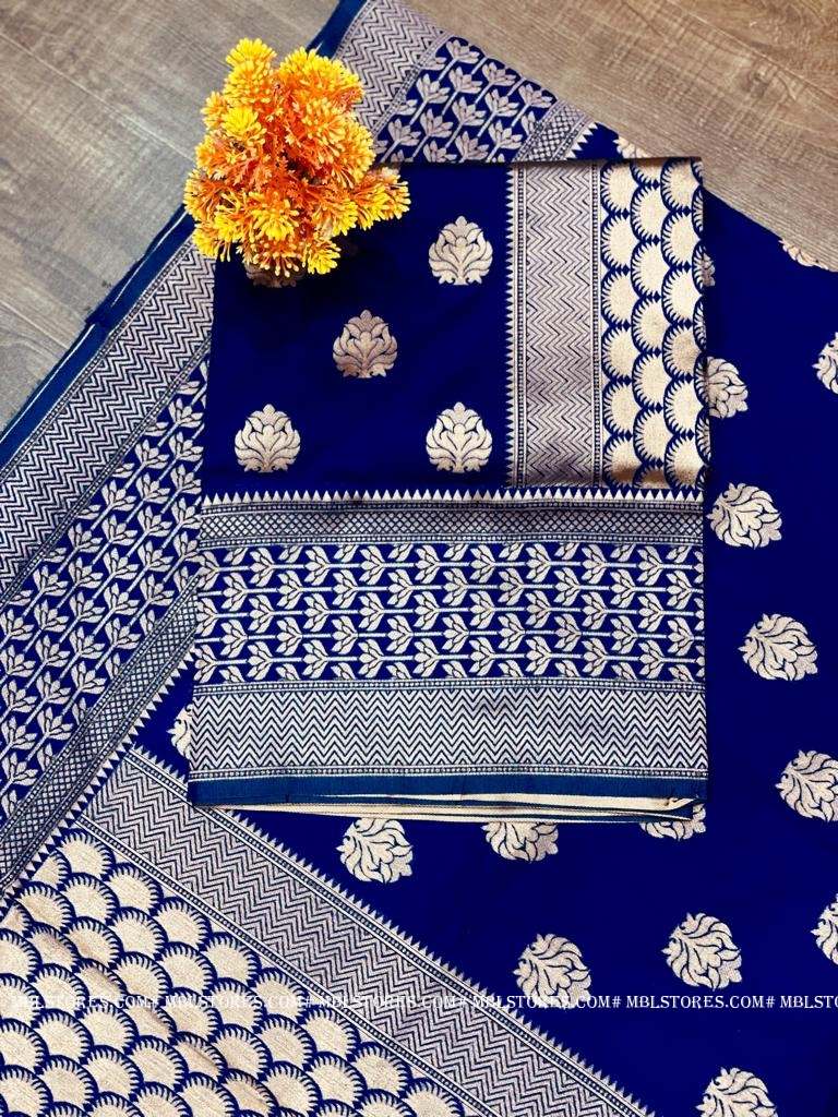 buy new elegant Art Silk Jacquard Jari Border navy blue Saree With  Unstitched Blouse