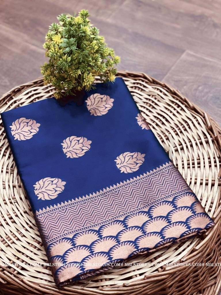 buy new elegant Art Silk Jacquard Jari Border navy blue Saree With  Unstitched Blouse