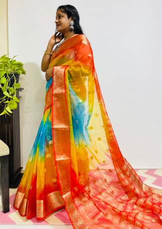 Adoring Pure Zari Work Multi Color Pure Organza Saree  Sarees