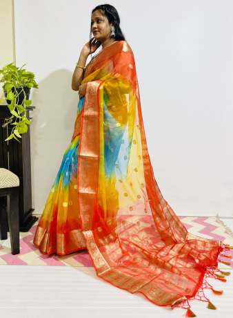 Adoring Pure Zari Work Multi Color Pure Organza Saree  Organza Saree