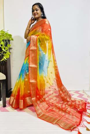 Adoring Pure Zari Work Multi Color Pure Organza Saree  Organza Saree