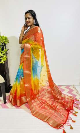 Adoring Pure Zari Work Multi Color Pure Organza Saree  Organza Saree