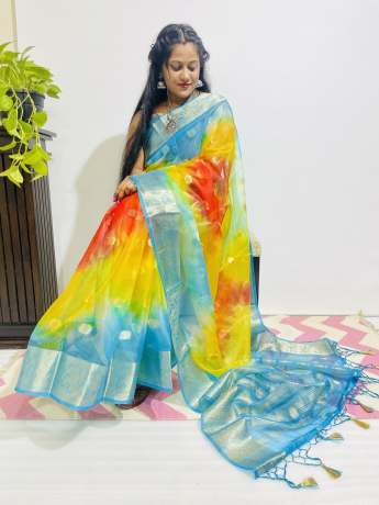 Adoring Pure Zari Work Multi Color Pure Organza Saree  Organza Saree