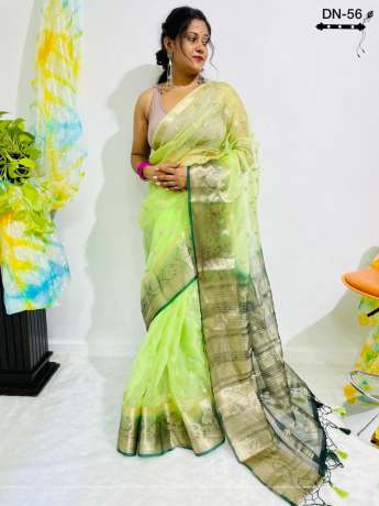 All Over Zari Work Worked Lime Green Saree With rich Pallu  