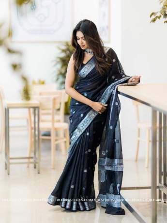  Beautiful Art Silk Jacquard Border black Saree With Unstitched Blouse  