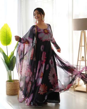 Black Berry Pure Organza Digital Printed Anarkali With Duppata Gown