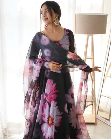 Black Berry Pure Organza Digital Printed Anarkali With Duppata Gown