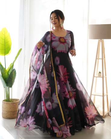 Black Berry Pure Organza Digital Printed Anarkali With Duppata Gown