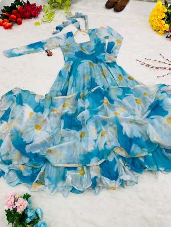  Blue Floral Digital Printed Pure Organza Gown Gown