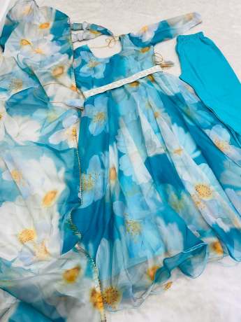  Blue Floral Digital Printed Pure Organza Gown Gown