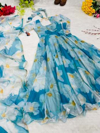  Blue Floral Digital Printed Pure Organza Gown Gown