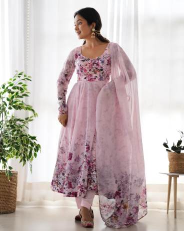 Captivating Light Pink Digital Floral Printed Pure Organza Anarkali Gown  Ethnic Wear 