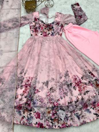 Captivating Light Pink Digital Floral Printed Pure Organza Anarkali Gown  Gown