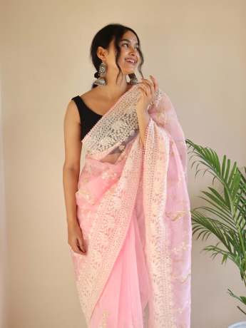 Chikankari Worked Light Pink Colored Pure Organza Saree  Organza Saree