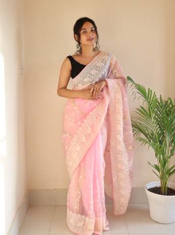 Chikankari Worked Light Pink Colored Pure Organza Saree  Organza Saree