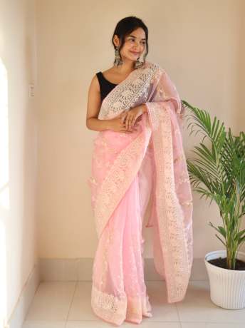 Chikankari Worked Light Pink Colored Pure Organza Saree  Organza Saree