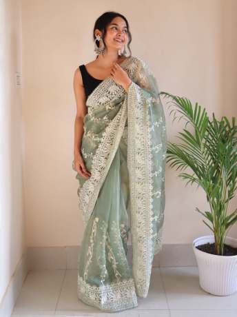 Chikankari Worked Olive Green Colored Pure Organza Saree  Organza Saree