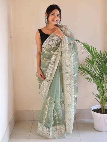 Chikankari Worked Olive Green Colored Pure Organza Saree  Organza Saree