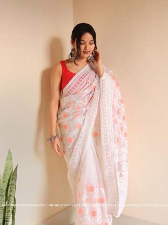 Chikankari Worked  White pure organza saree  Organza Saree