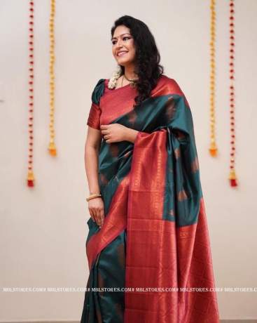 Enchanting Organic golden zari worked Rama Banarasi Sarees  