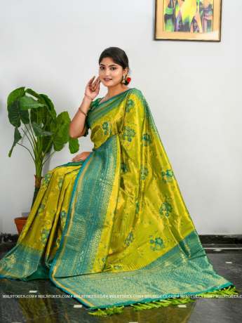 Exclusive Golden Zari Worked Heavy Silk Lime Green  Saree  Banarasi Silk