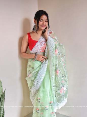 Floral Chikankari Worked Light Green pure organza saree  Organza Saree