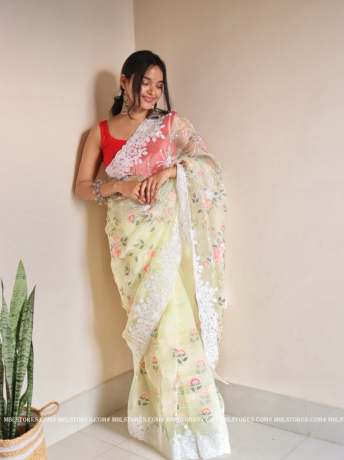 Floral Chikankari Worked Light Yellow pure organza saree  Organza Saree