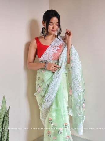 Floral Chikankari Worked Light Green pure organza saree  Organza Saree