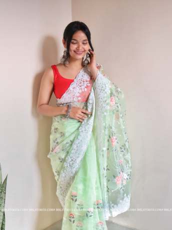 Floral Chikankari Worked Light Green pure organza saree  Organza Saree