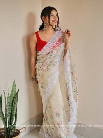 Floral Chikankari Worked Off White pure organza saree  Organza Saree