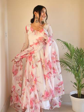 Floral Printed Snow White Pure Organza Gown  Gown