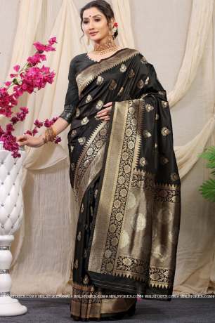 Handloom  Golden Zari Work Black  Pure Silk Saree  Sarees