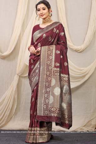 Handloom  Golden Zari Work Brown Pure Silk Saree  Sarees