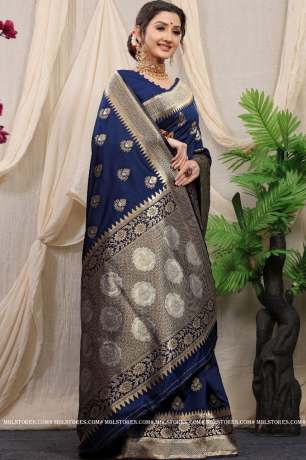 Handloom  Golden Zari Work Navy Blue Pure Silk Saree  Sarees