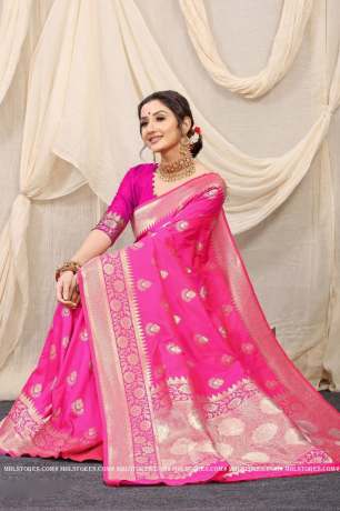 Handloom  Golden Zari Work Pink Pure Silk Saree  Sarees