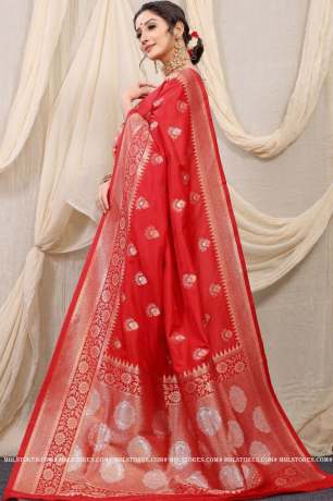 Handloom  Golden Zari Work Red Pure Silk Saree  Sarees