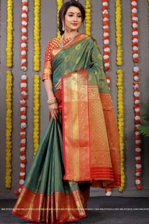 Handloom Green Gola Zari Woven With Contrast Pallu Silk Saree    Sarees