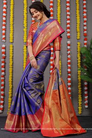 Handloom Indigo Gola Zari Woven With Contrast Pallu Silk Saree    Sarees