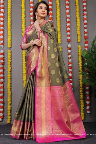 Handloom Olive Green Gola Zari Woven With Contrast Pallu Silk Saree    Sarees