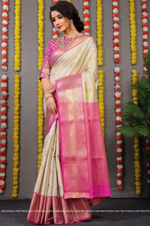 Handloom White Gola Zari Woven With Contrast Pallu Silk Saree    Sarees