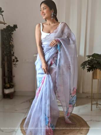 Handsome Lavender Color Handwork And Printed Flower Pure Organza Silk Saree  With Contrast Blouse Sarees