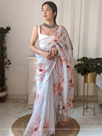 Handsome Off White Color Handwork And Printed Flower Pure Organza Silk Saree  With Contrast Blouse Sarees