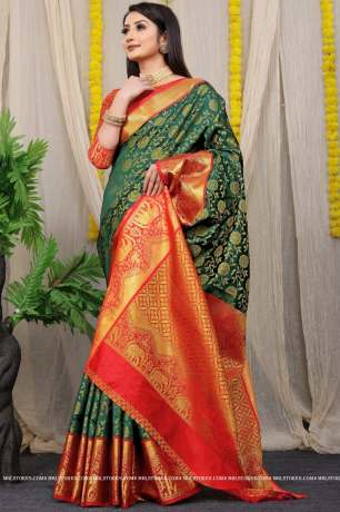 Kanchipuram Pattu With Traditional Golden Zari Woven Forest  Green  Silk Saree 