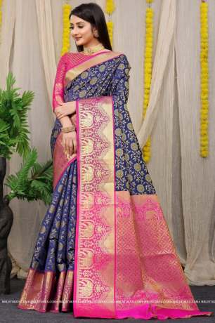 Kanchipuram Pattu With Traditional Golden Zari Woven Navy Blue Silk Saree Sarees