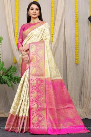 Kanchipuram Pattu With Traditional Golden Zari Woven Off White  Silk Saree Sarees