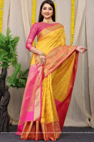 Kanchipuram Pattu With Traditional Golden Zari Woven Yellow Silk Saree Sarees