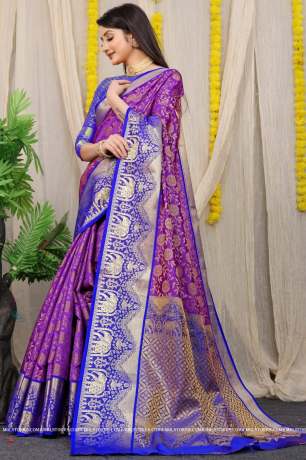 Kanchipuram Pattu With Traditional Golden Zari Woven Purple Silk Saree Sarees