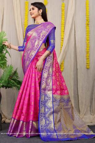 Kanchipuram Pattu With Traditional Golden Zari Woven Pink Silk Saree Sarees