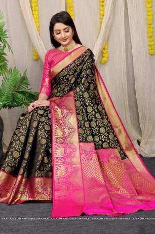 Kanchipuram Pattu With Traditional Golden Zari Woven Black Silk Saree Sarees